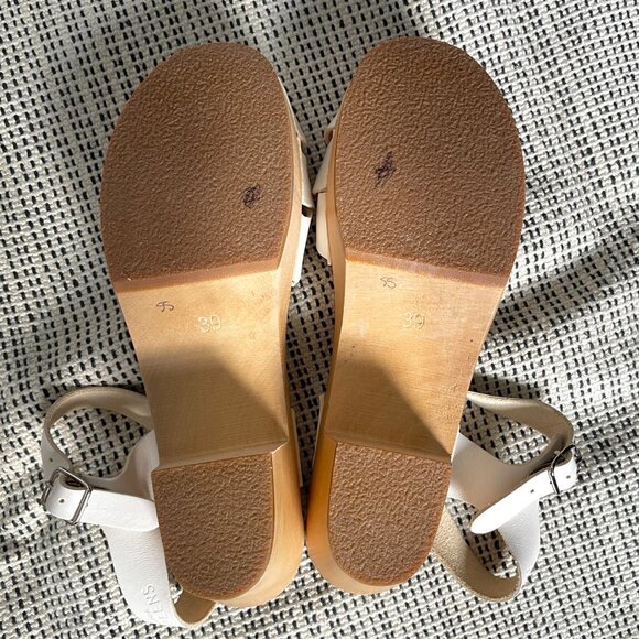 White Leather Peep Toe Swedish Hasbeens Clog Block Heel Sandals - Picture 6 of 7